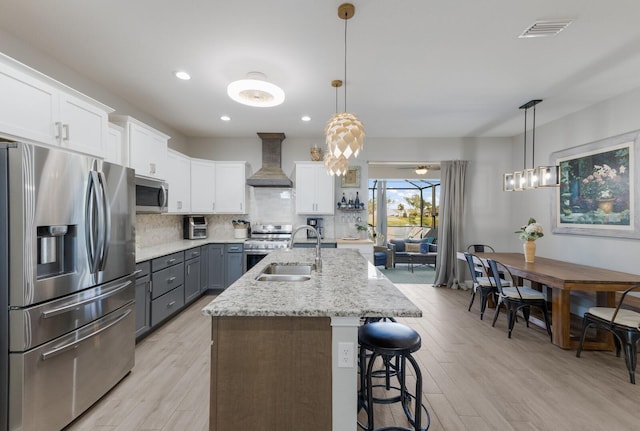 kitchen featuring a sink, visible vents, appliances with stainless steel finishes, wall chimney exhaust hood, and tasteful backsplash