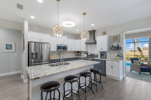 kitchen featuring a sink, visible vents, wall chimney range hood, appliances with stainless steel finishes, and decorative backsplash