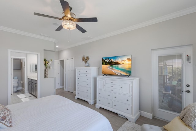 bedroom featuring ensuite bathroom, a ceiling fan, baseboards, ornamental molding, and light wood finished floors