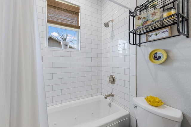 bathroom with a combined bath / shower with jetted tub and toilet