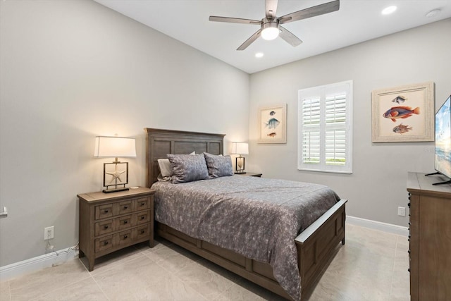 bedroom with light tile patterned floors, ceiling fan, recessed lighting, and baseboards