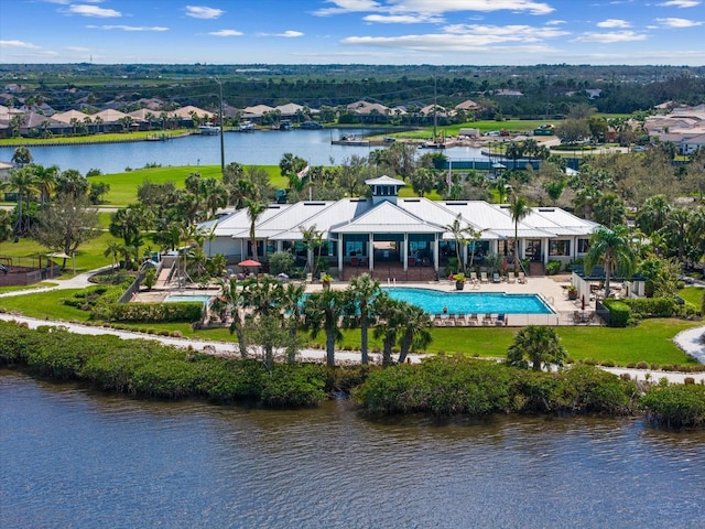 drone / aerial view featuring a water view