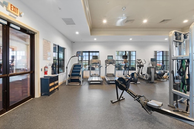 gym featuring ornamental molding, recessed lighting, and visible vents