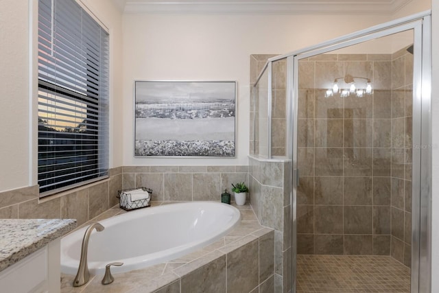 full bath featuring a garden tub, ornamental molding, and a shower stall