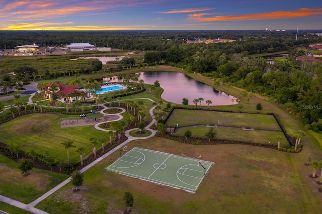 aerial view at dusk featuring a water view and a wooded view