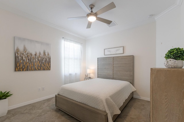 bedroom featuring ceiling fan, baseboards, and crown molding