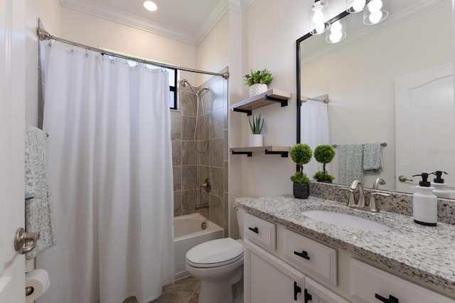 full bathroom with toilet, ornamental molding, shower / bath combo with shower curtain, and vanity