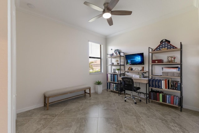 home office with baseboards, ceiling fan, and crown molding