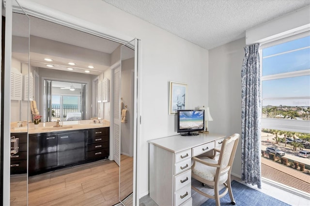 office space with a sink, plenty of natural light, a textured ceiling, and ceiling fan