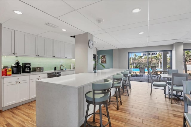 kitchen with backsplash, dishwasher, light countertops, and light wood-style floors
