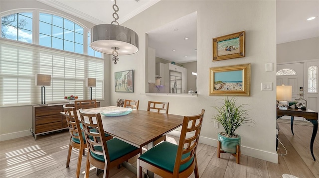 dining space with a healthy amount of sunlight, light wood-type flooring, and baseboards