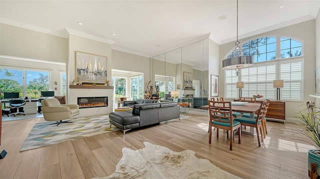 living room featuring a high ceiling, a premium fireplace, plenty of natural light, and light wood-style flooring