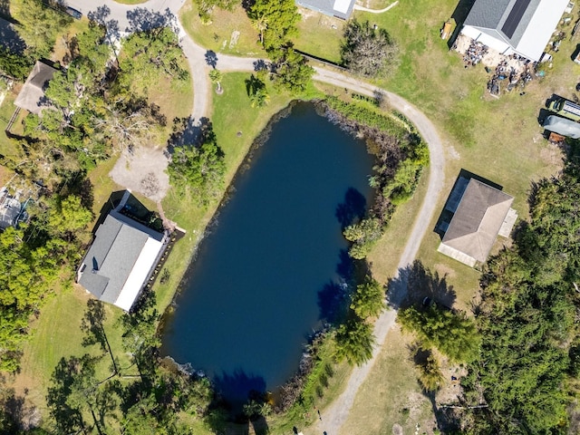 drone / aerial view featuring a water view