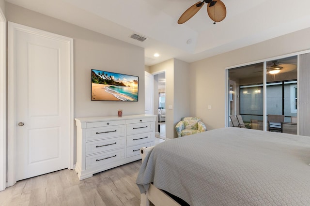 bedroom with visible vents, a ceiling fan, light wood-style flooring, access to exterior, and recessed lighting