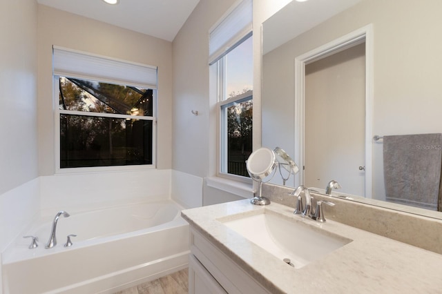 full bathroom with a bath and vanity