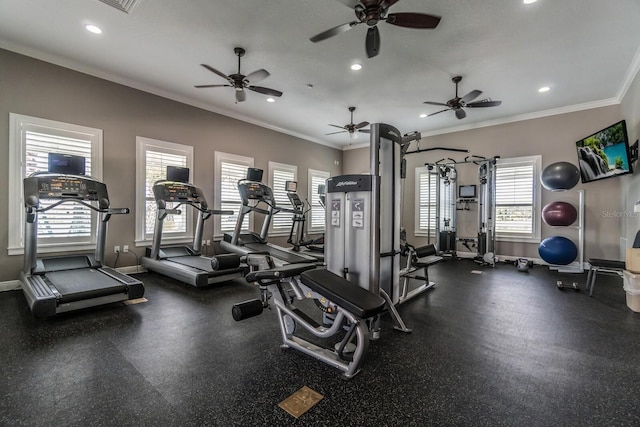 exercise room with ornamental molding, recessed lighting, and baseboards