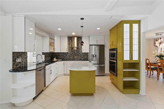 kitchen with open shelves, backsplash, appliances with stainless steel finishes, a sink, and wall chimney range hood