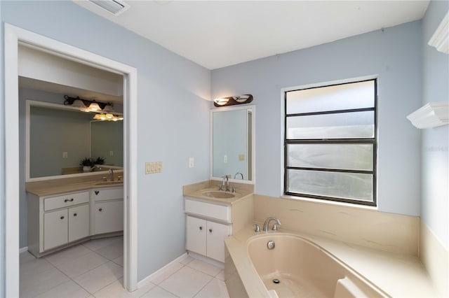 full bath featuring two vanities, a sink, visible vents, and tile patterned floors