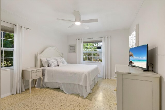 bedroom featuring ceiling fan and light speckled floor