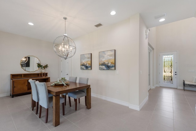 dining area with baseboards, visible vents, a chandelier, and recessed lighting