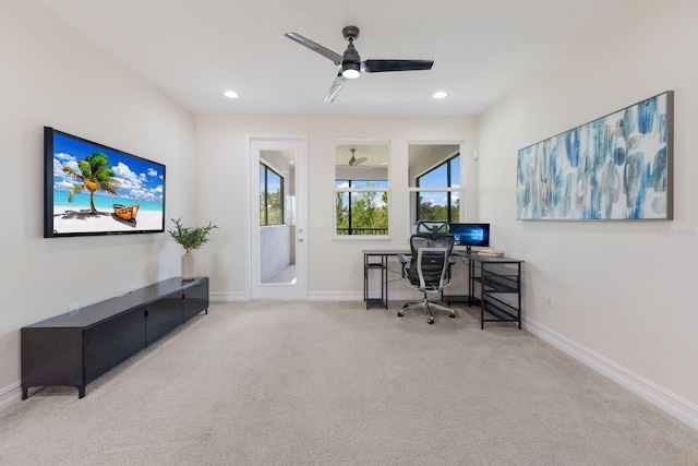 office featuring baseboards, carpet flooring, and recessed lighting