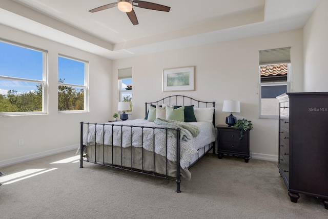 bedroom featuring carpet floors, a raised ceiling, and baseboards