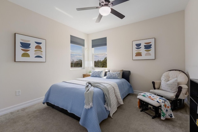 bedroom featuring carpet floors, ceiling fan, and baseboards