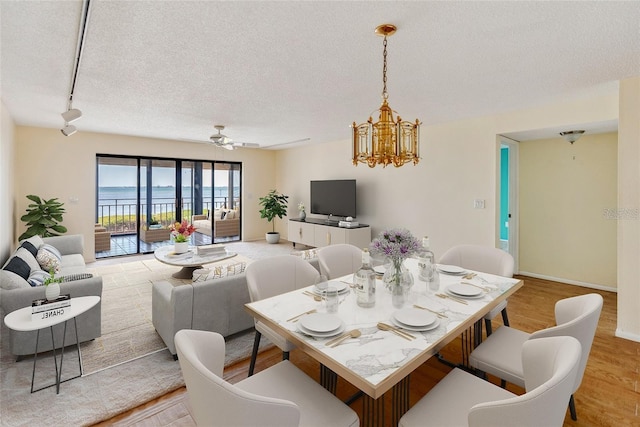 dining space with light wood finished floors, rail lighting, a textured ceiling, baseboards, and ceiling fan with notable chandelier