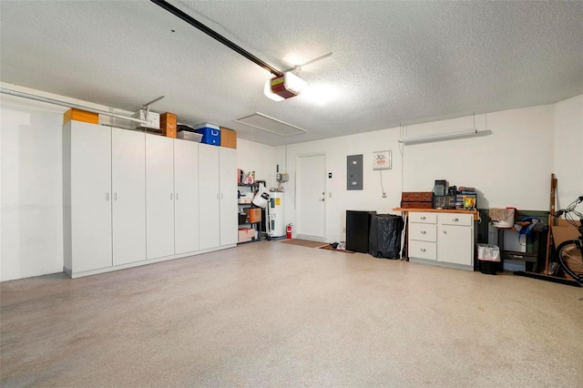 garage with electric panel and a garage door opener