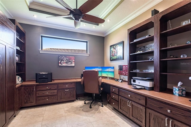 office space featuring ornamental molding, light tile patterned floors, built in features, and a ceiling fan