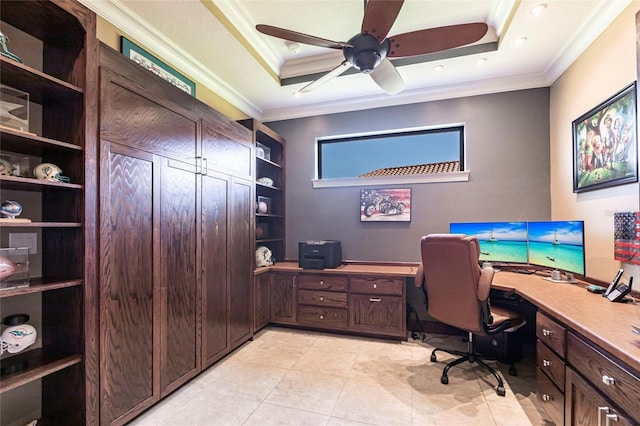 office area featuring light tile patterned floors, ornamental molding, and a ceiling fan