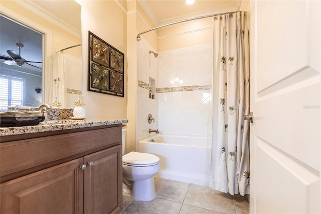 full bathroom featuring toilet, vanity, ornamental molding, tile patterned floors, and shower / bath combo