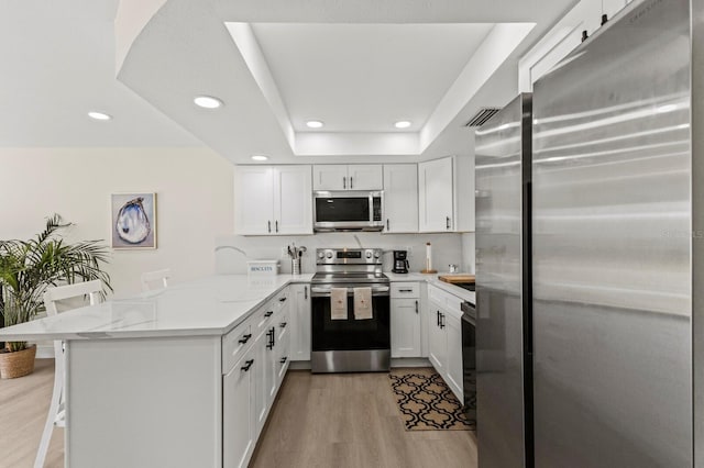 kitchen featuring a tray ceiling, light wood finished floors, stainless steel appliances, white cabinets, and a peninsula