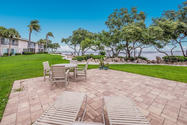 view of patio / terrace featuring a water view and outdoor dining space