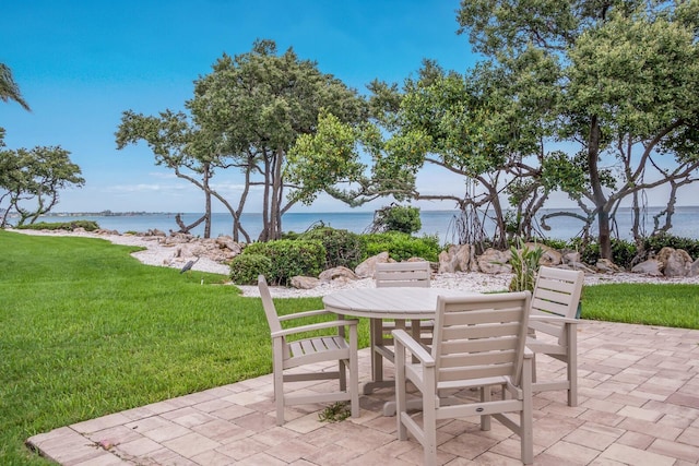 view of patio / terrace featuring a water view and outdoor dining area