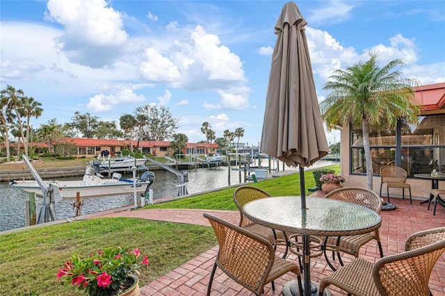 view of patio featuring a boat dock, a water view, and boat lift