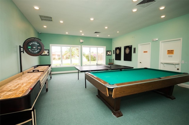 game room with recessed lighting, visible vents, and carpet flooring