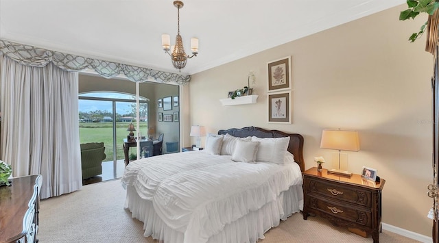 bedroom with baseboards, ornamental molding, light colored carpet, and access to exterior