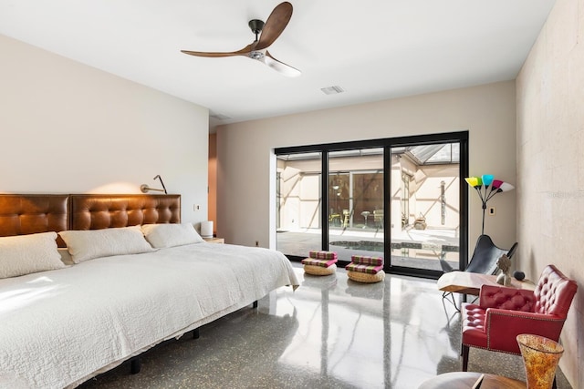 bedroom with a ceiling fan, visible vents, and access to exterior