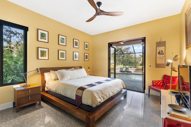 bedroom featuring access to outside, baseboards, ceiling fan, and speckled floor