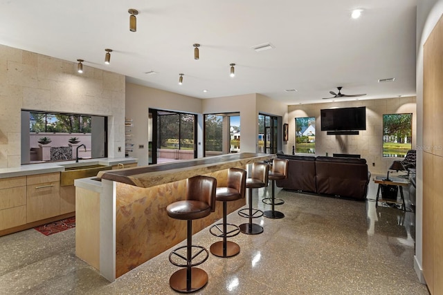 bar with visible vents, a sink, and ceiling fan