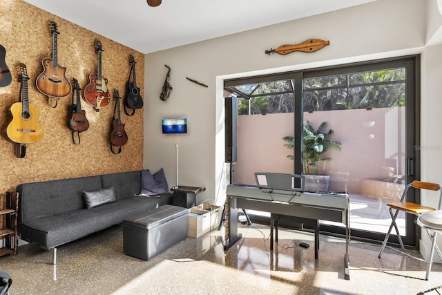 living room with speckled floor