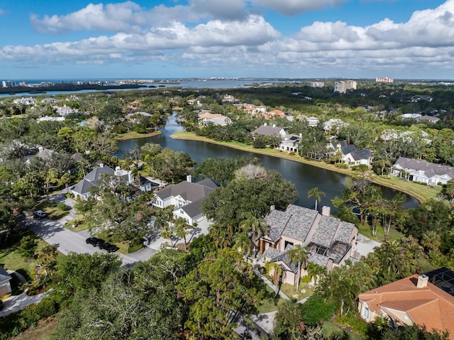 bird's eye view featuring a water view and a residential view