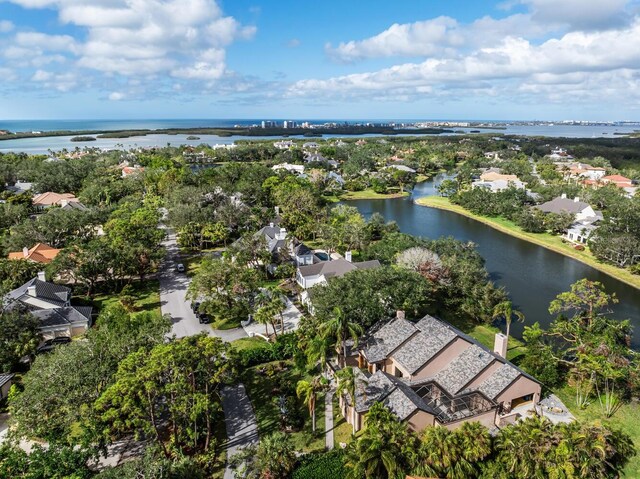 bird's eye view with a water view