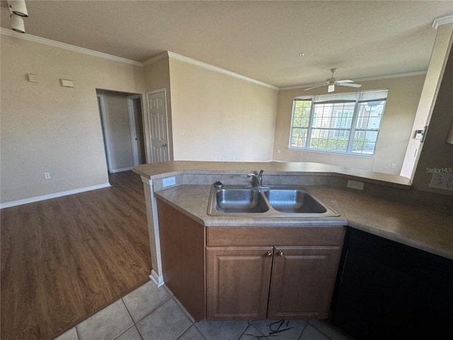 kitchen with a peninsula, ornamental molding, and a sink