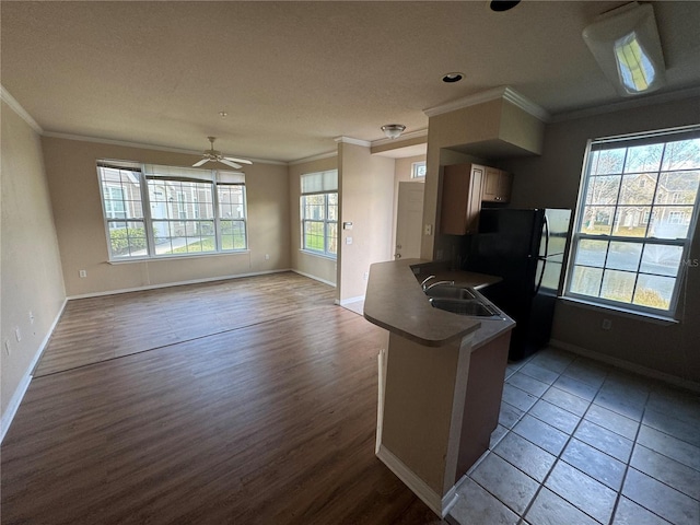 kitchen featuring ornamental molding, a sink, a peninsula, and baseboards