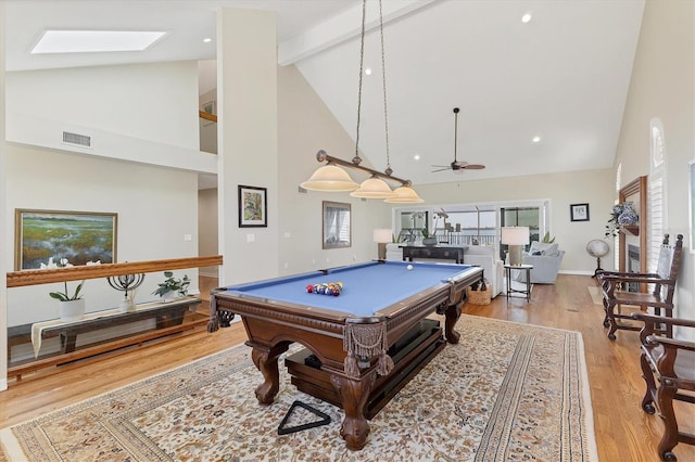 rec room with beam ceiling, pool table, visible vents, wood finished floors, and high vaulted ceiling