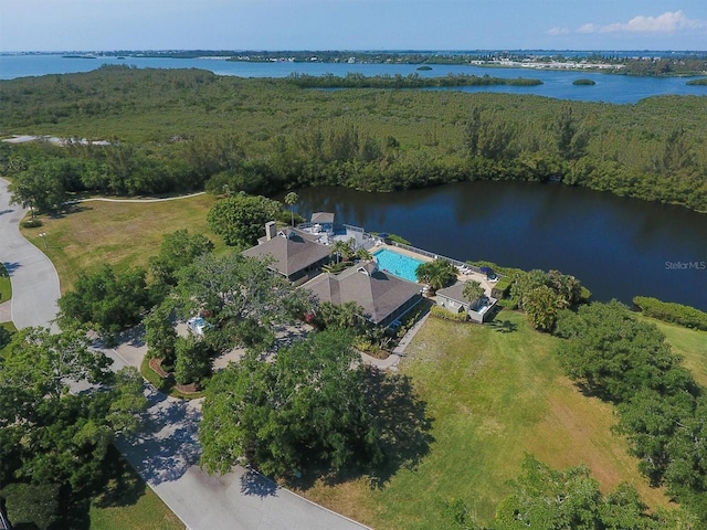 bird's eye view featuring a water view and a forest view