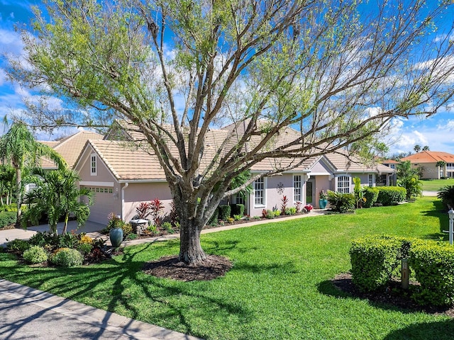 view of front facade with a garage, a front yard, driveway, and stucco siding