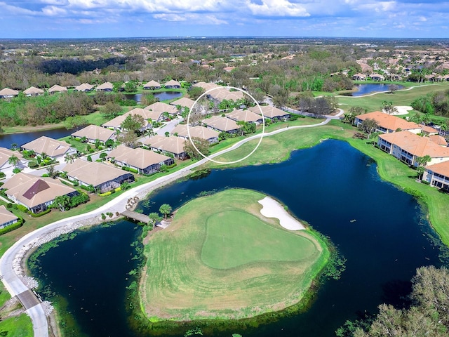 bird's eye view featuring a residential view, a water view, and golf course view